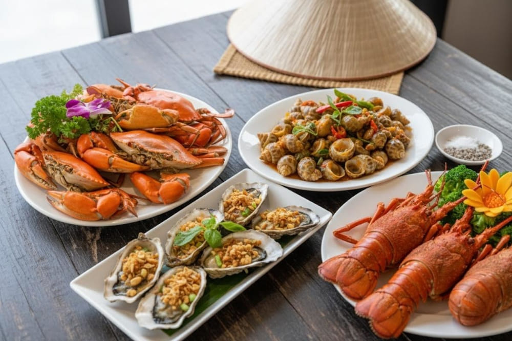 Thưởng thức hải sản tại Thuận An là trải nghiệm không thể thiếu, với hương vị tươi ngon và phong cách phục vụ địa phương.